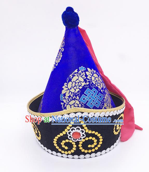 Traditional Chinese Mongol Nationality Prince Royalblue Hat, Mongolian Minority Dance Hats for Men