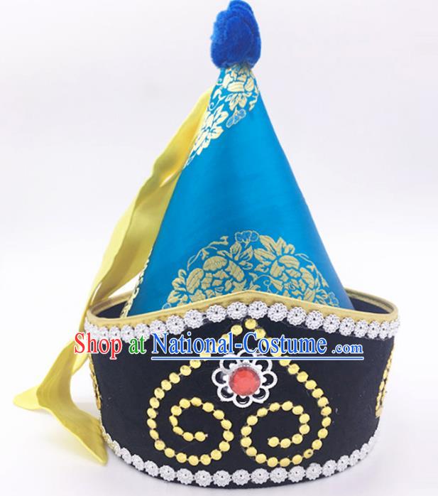 Traditional Chinese Mongol Nationality Prince Blue Hat, Mongolian Minority Dance Hats for Men