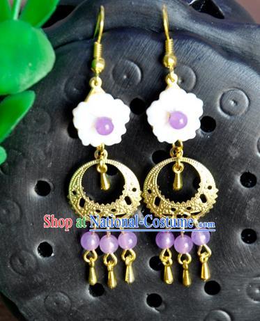 Top Grade Chinese Handmade Accessories Hanfu Eardrop Purple Beads Tassel Shell Earrings for Women