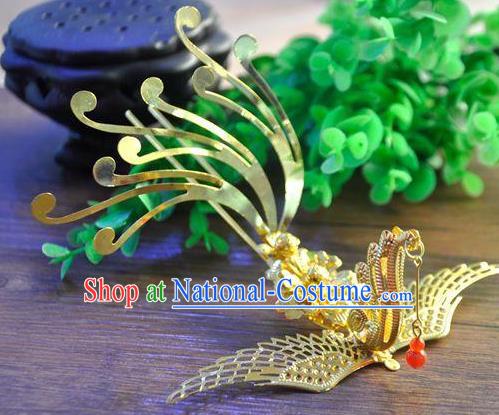 Ancient Chinese Handmade Hair Accessories Classical Phoenix Hairpins Golden Hair Clip for Women