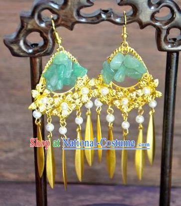 Top Grade Chinese Handmade Accessories Hanfu Jade Eardrop Golden Tassel Earrings for Women