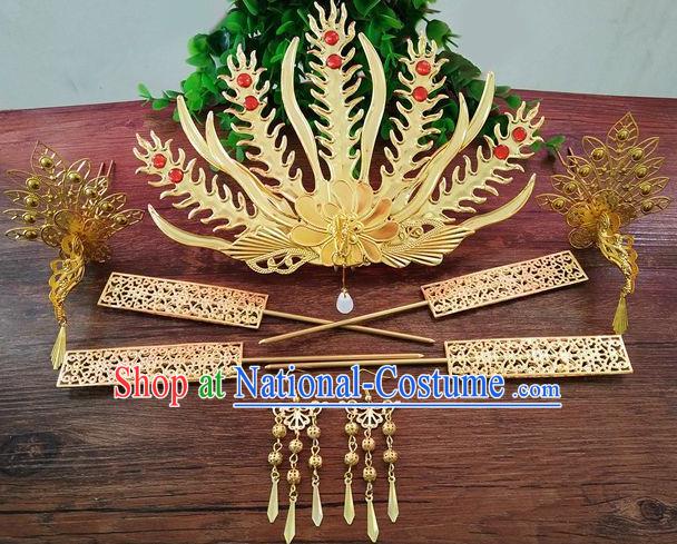 Ancient Chinese Handmade Queen Hair Accessories Classical Hairpins Golden Phoenix Coronet Complete Set for Women