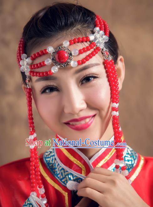 Traditional Chinese Mongol Nationality Red Beads Hair Accessories, Mongolian Minority Dance Hair Clasp for Women