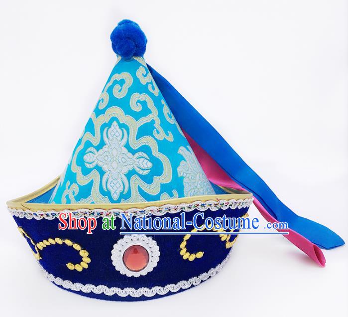 Traditional Chinese Mongol Nationality Hat Hair Accessories, Handmade Mongolian Minority Blue Hats Headwear for Kids