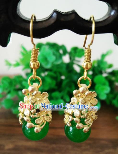 Chinese Handmade Accessories Hanfu Green Bead Eardrop Ancient Brass Earrings for Women