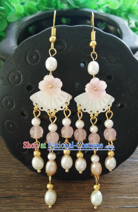 Chinese Handmade Accessories Hanfu Shell Pearls Eardrop Ancient Earrings for Women