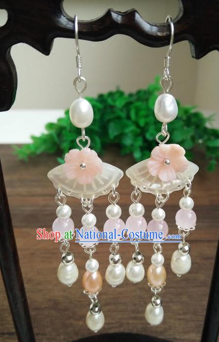 Chinese Handmade Accessories Hanfu Shell Pearls Eardrop Ancient Tassel Earrings for Women