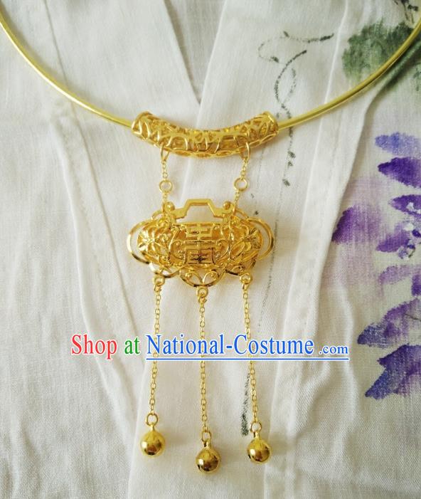 Chinese Ancient Handmade Wedding Golden Longevity Lock Jewelry Accessories Tassel Necklace for Women