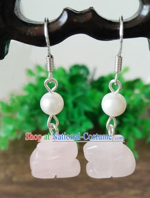 Chinese Handmade Accessories Hanfu Pink Jade Rabbit Eardrop Ancient Tassel Earrings for Women