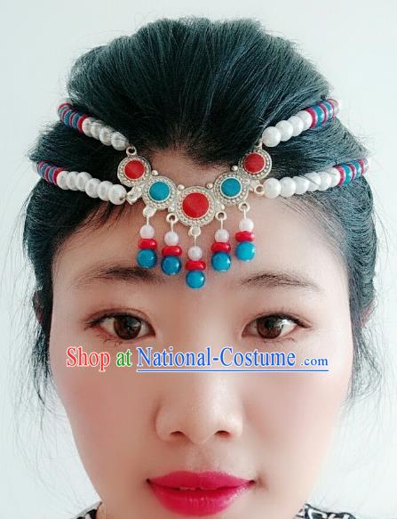 Traditional Chinese Mongol Nationality Beads Hair Accessories, Mongolian Minority Dance Headwear for Women