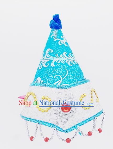 Traditional Chinese Mongol Nationality Blue Hats Hair Accessories, Mongolian Minority Dance Headwear for Kids