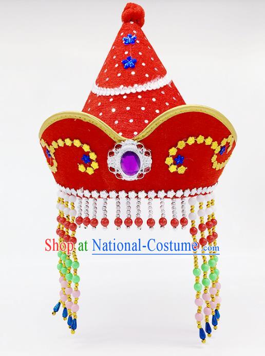 Traditional Chinese Mongol Nationality Red Hats, Mongolian Minority Hair Accessories Dance Headwear for Kids