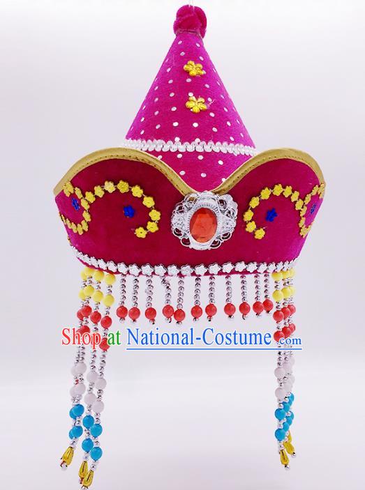 Traditional Chinese Mongol Nationality Rosy Hats, Mongolian Minority Hair Accessories Dance Headwear for Kids