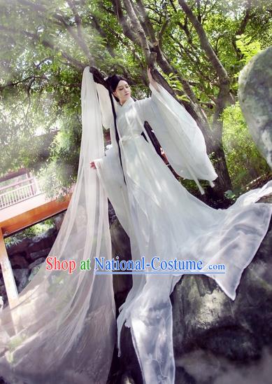 Chinese Ancient Cosplay Little Dragon Maiden Costume Song Dynasty Swordswoman White Hanfu Dress for Women