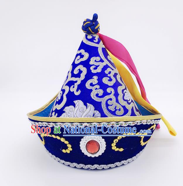 Traditional Chinese Mongol Nationality Hat Hair Accessories, Handmade Mongolian Minority Royalblue Hats Headwear for Kids