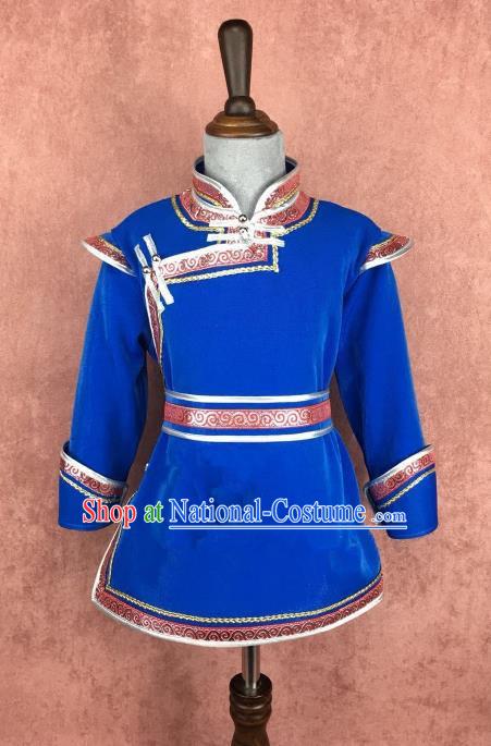 Traditional Chinese Mongol Nationality Costume, Mongolian Folk Dance Royalblue Robe Clothing for Kids