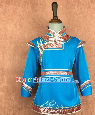 Traditional Chinese Mongol Nationality Costume, Mongolian Folk Dance Blue Robe Clothing for Kids