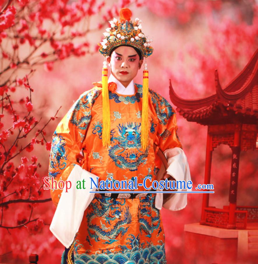 Yellow Color Chinese Classical Beijing Opera Mang Embroidered Dragon Long Robe for Men