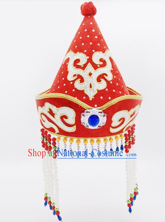 Traditional Chinese Mongol Nationality Red Hats, Mongolian Minority Hair Accessories Dance Headwear for Kids