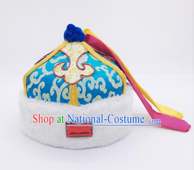 Traditional Chinese Mongol Nationality Children Blue Hats, Mongolian Minority Hair Accessories Dance Headwear for Kids