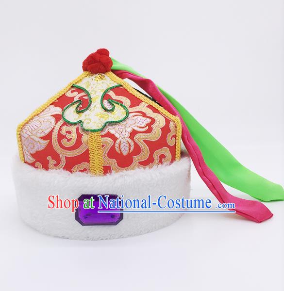 Traditional Chinese Mongol Nationality Children Red Hats, Mongolian Minority Hair Accessories Dance Headwear for Kids