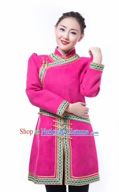 Chinese Mongol Nationality Ethnic Suede Fabric Costume, Traditional Mongolian Folk Dance Rosy Clothing for Women