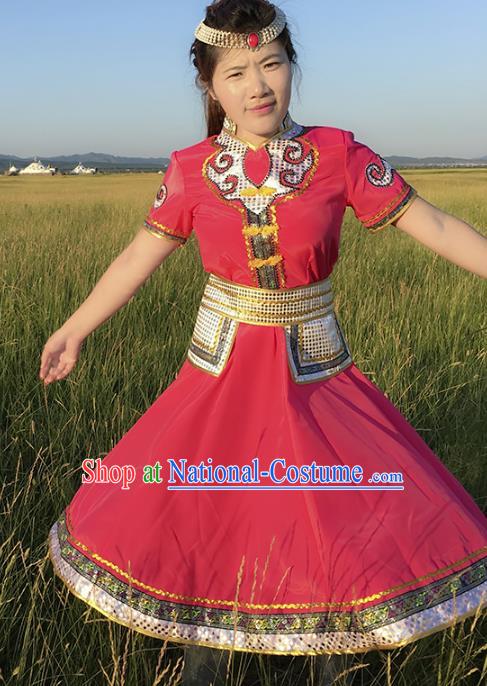 Chinese Mongol Nationality Ethnic Costume Rosy Dress, Traditional Mongolian Folk Dance Clothing for Women