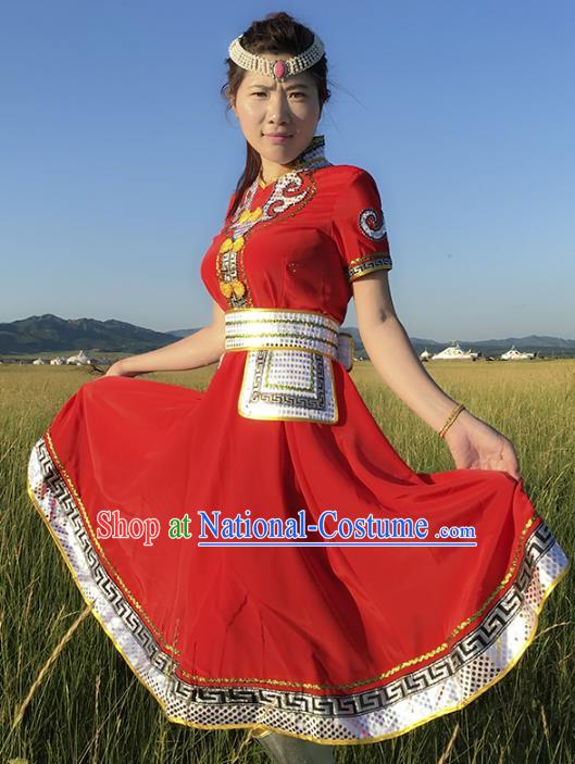 Chinese Mongol Nationality Ethnic Costume Red Dress, Traditional Mongolian Folk Dance Clothing for Women