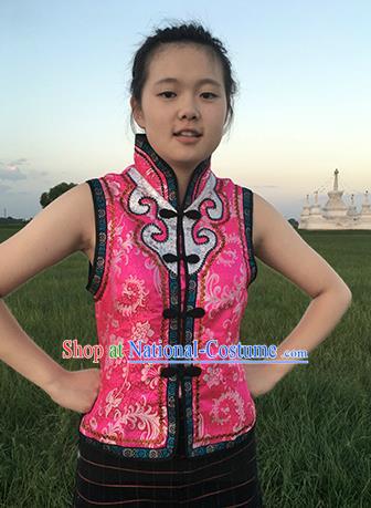 Chinese Mongol Nationality Ethnic Costume Pink Vests, Traditional Mongolian Folk Dance Waistcoat for Women