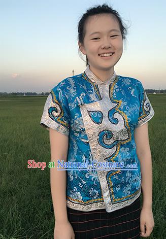 Chinese Mongol Nationality Ethnic Blue Blouse Costume, Traditional Mongolian Folk Dance Waistcoat for Women