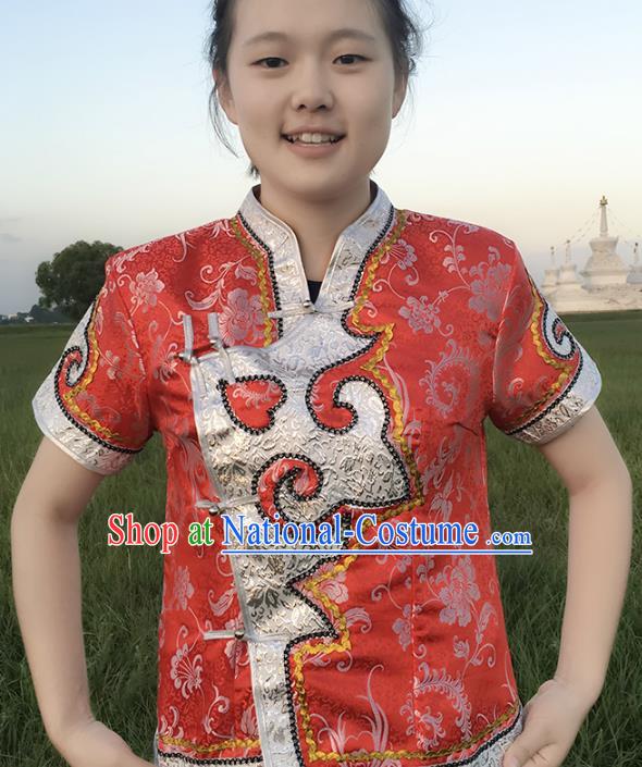 Chinese Mongol Nationality Ethnic Red Blouse Costume, Traditional Mongolian Folk Dance Waistcoat for Women