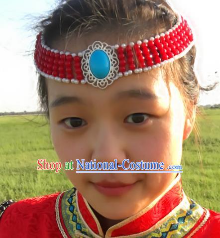 Traditional Chinese Mongol Nationality Princess Red Beads Hair Accessories, Mongolian Minority Hair Jewelry Dance Headwear for Women