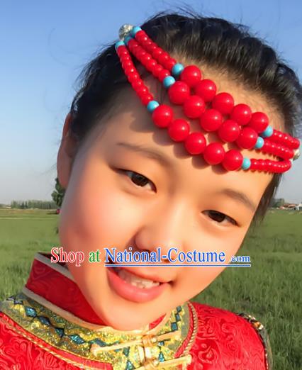 Traditional Chinese Folk Dance Hair Accessories, Mongolian Minority Red Beads Hair Jewelry Dance Headwear for Women