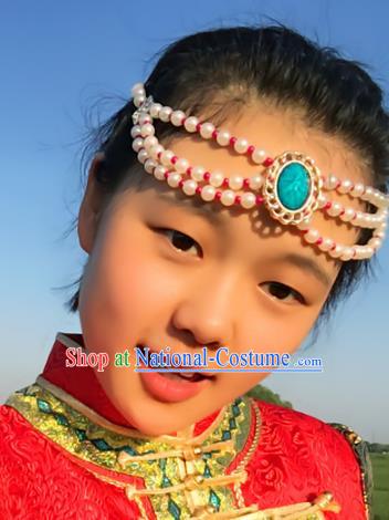 Traditional Chinese Folk Dance Hair Accessories, Mongolian Minority White Pearls Hair Jewelry Dance Headwear for Women