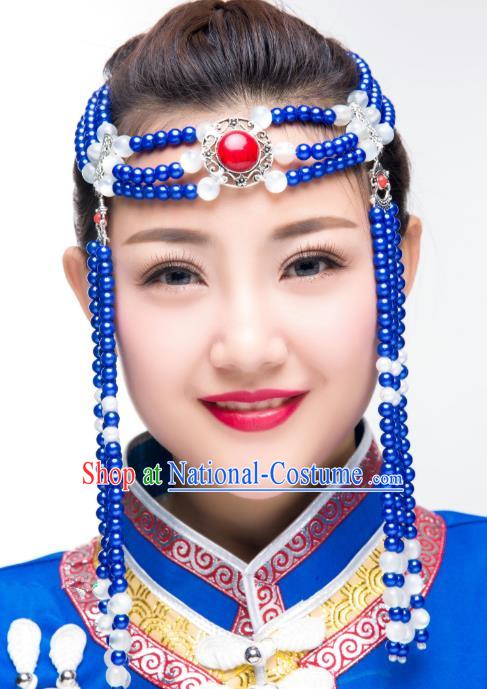 Traditional Chinese Folk Dance Blue Beads Tassel Hair Accessories, Mongolian Minority Hair Jewelry Dance Headwear for Women