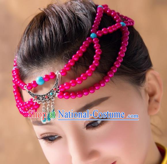 Traditional Chinese Folk Dance Rosy Beads Hair Accessories, Mongolian Minority Hair Jewelry Dance Headwear for Women