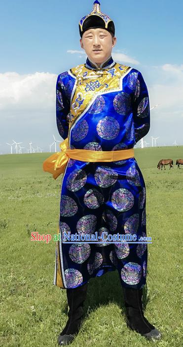 Chinese Mongol Nationality Ethnic Costume Royalblue Mongolian Robe, Traditional Mongolian Folk Dance Clothing for Men