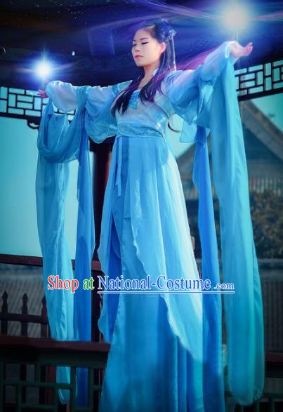 Chinese Ancient Cosplay Fairy Costume Tang Dynasty Palace Princess Swordswoman Blue Hanfu Dress for Women