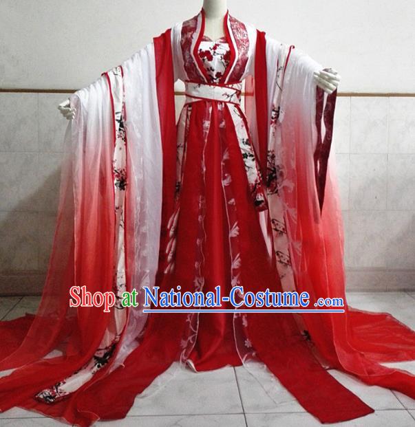 Chinese Ancient Cosplay Fairy Costume Tang Dynasty Princess Swordswoman Red Hanfu Dress for Women