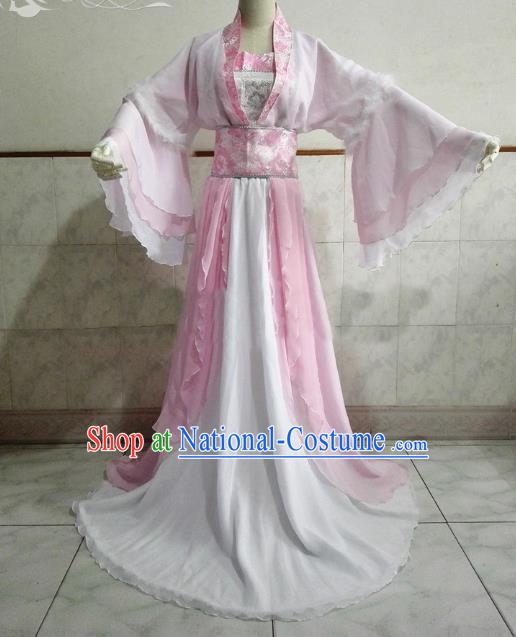 Chinese Ancient Cosplay Fairy Costume Tang Dynasty Princess Swordswoman Pink Hanfu Dress for Women