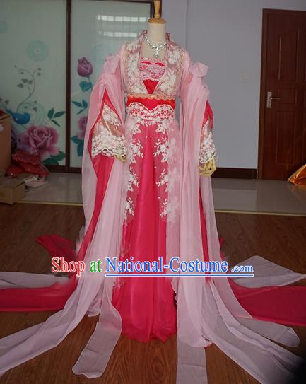 Chinese Ancient Cosplay Fairy Princess Costume Tang Dynasty Swordswoman Pink Hanfu Dress for Women