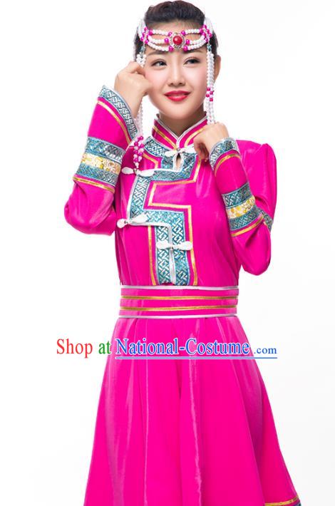 Chinese Traditional Female Ethnic Costume, Mongolian Minority Folk Dance Rosy Dress for Women