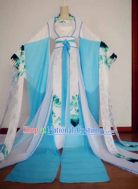 Chinese Ancient Cosplay Fairy Costume Tang Dynasty Imperial Princess Blue Hanfu Dress for Women