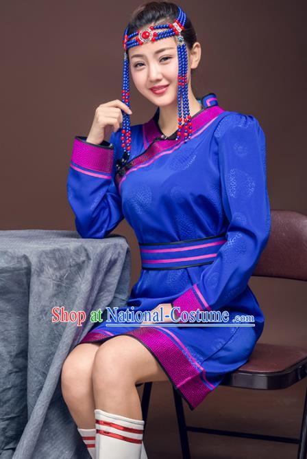 Chinese Traditional Female Ethnic Costume, China Mongolian Minority Folk Dance Royalblue Dress for Women