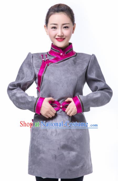 Chinese Traditional Female Grey Suede Fabric Ethnic Costume, China Mongolian Minority Folk Dance Clothing for Women