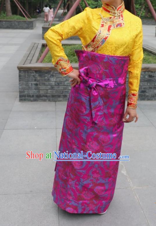 Chinese Traditional Minority Costume Zang Nationality Rosy Brocade Bust Skirt for Women