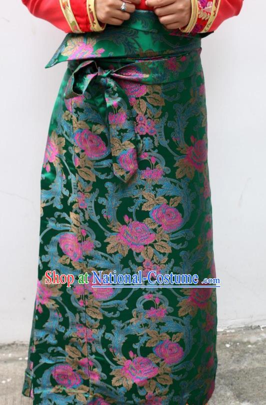 Chinese Traditional Minority Costume Zang Nationality Green Brocade Bust Skirt for Women