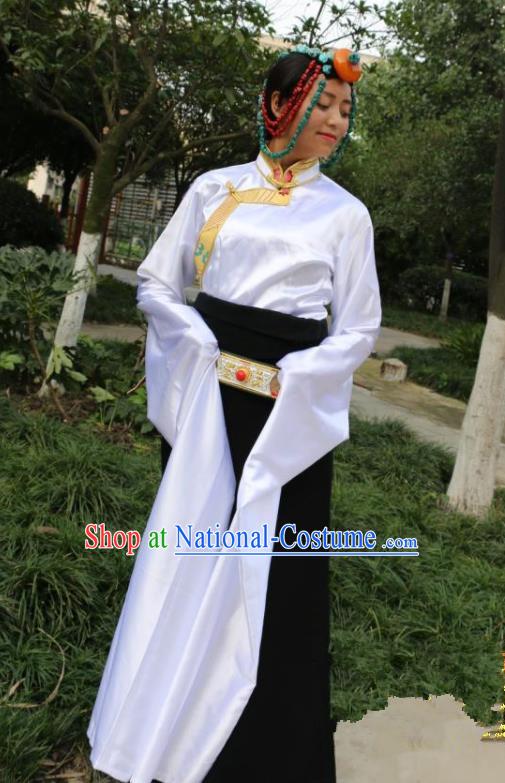 Chinese Traditional Minority Dance Costume Zang Nationality White Water Sleeve Clothing for Women