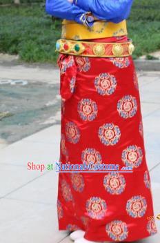 Chinese Traditional Minority Dance Costume Zang Nationality Red Brocade Skirt for Women