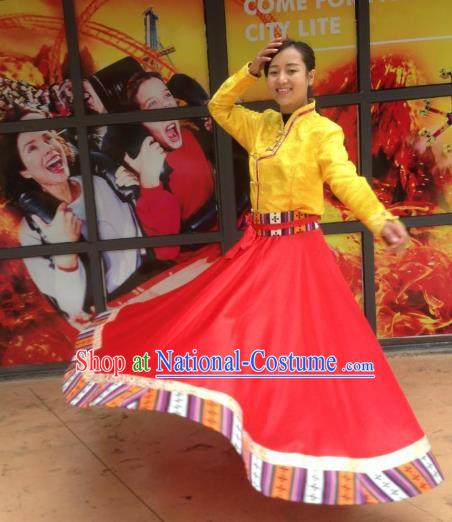 Chinese Traditional Minority Dance Costume Zang Nationality Red Big Swing Skirt for Women